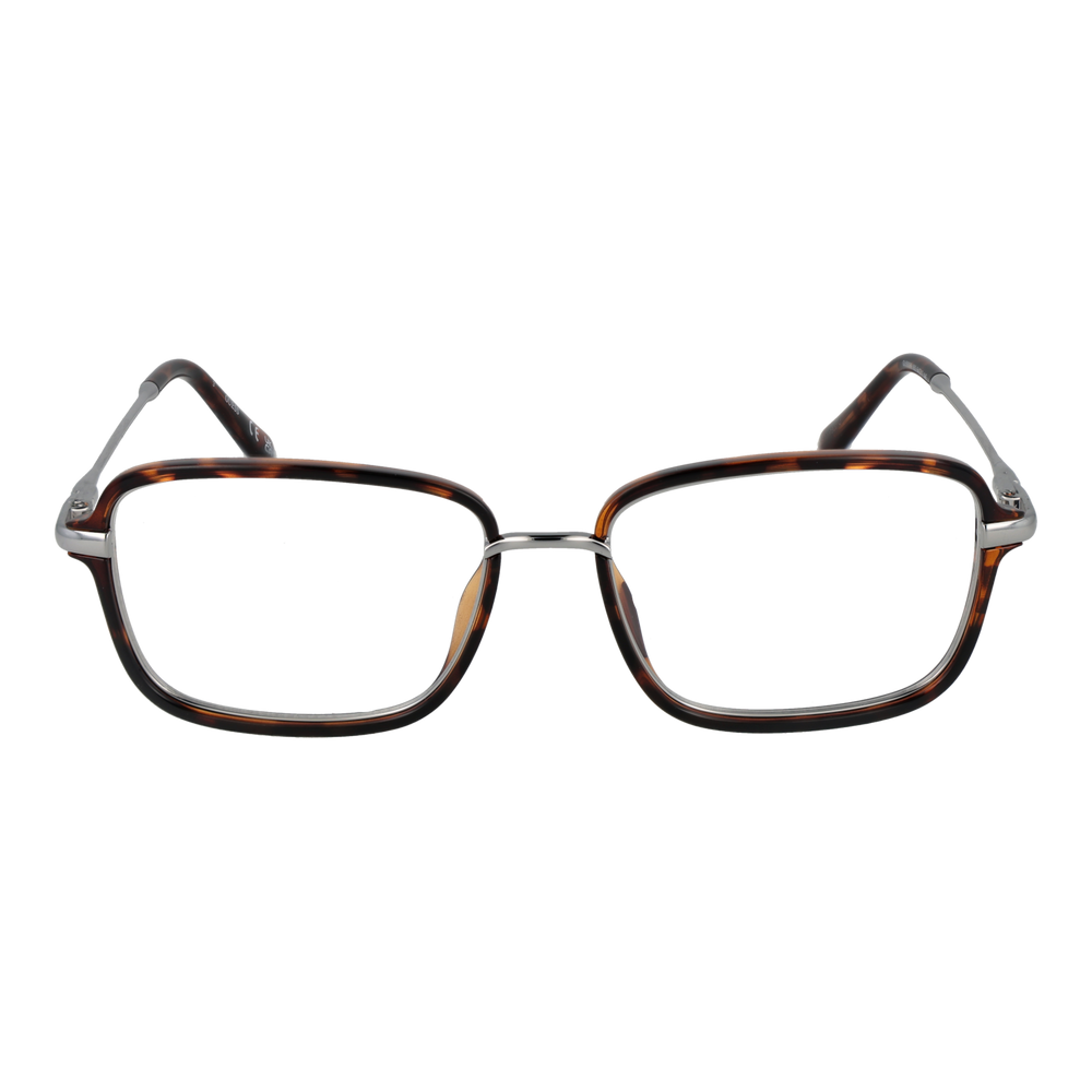 Unisex tortoise shell square eyeglasses with thin silver metal temples and plastic temple tips