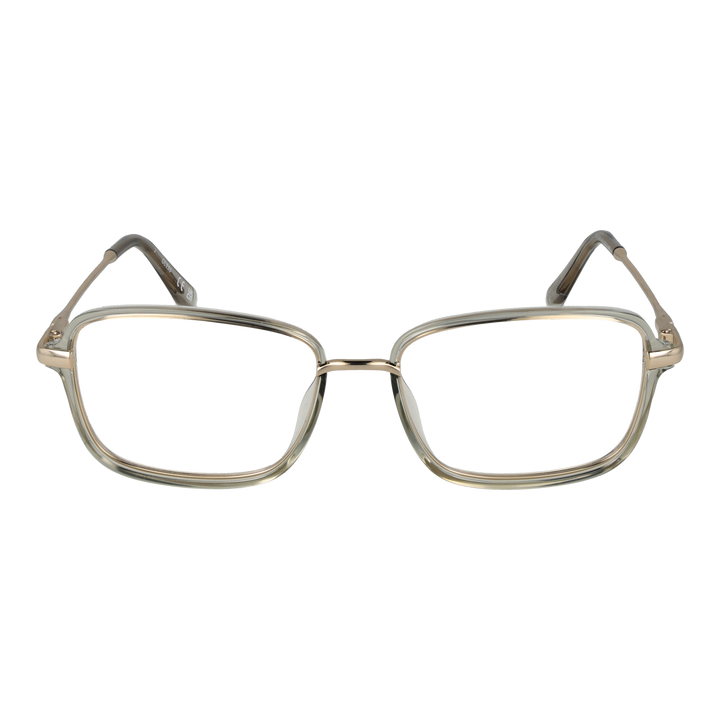 Unisex transparent beige rectangular eyeglasses with thin gold metal temples and plastic temple tips on white background