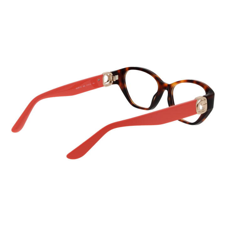 Tortoise shell brown and red cat-eye eyeglasses with gold emblem on temples, plastic frame for Women