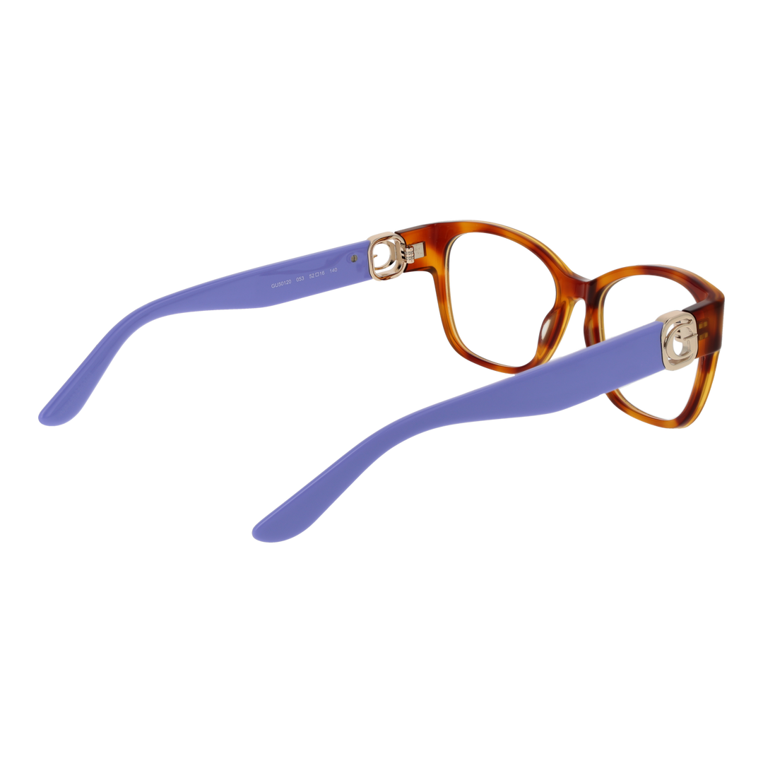 Purple and brown full-rim rectangular eyeglasses with gold emblem on temples, plastic frame, modern style for Women