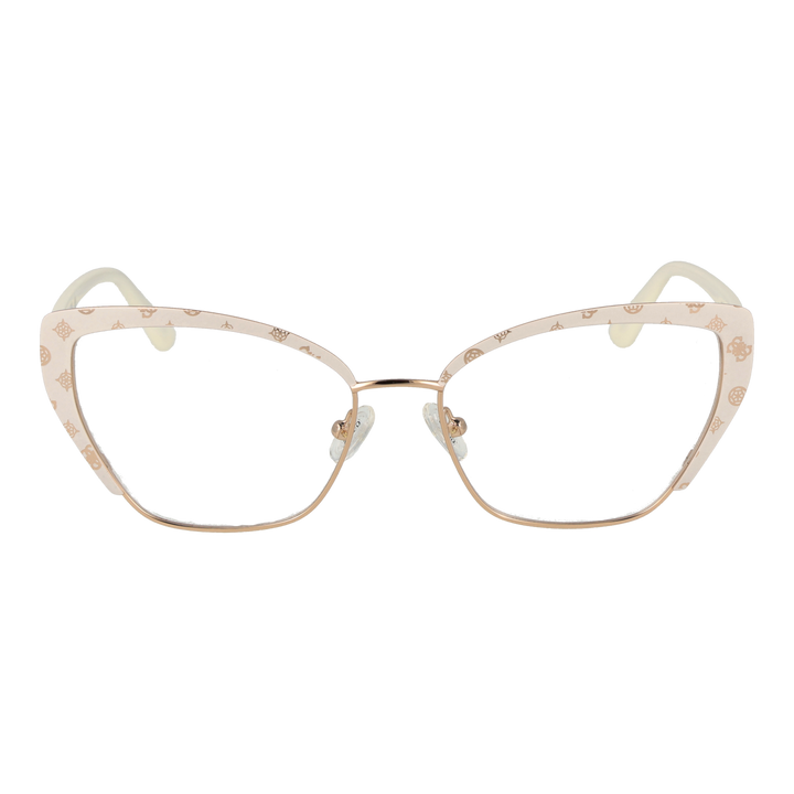 Beige patterned cat-eye eyeglasses with gold temples and contoured nose pads on white background