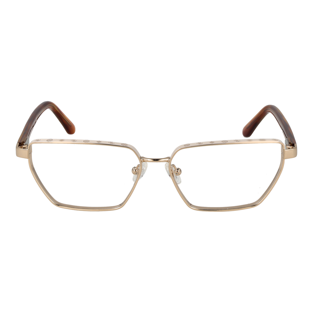 Unisex gold metal geometric eyeglasses with rectangular brown lenses and decorative top-frame pattern, plastic temple tips