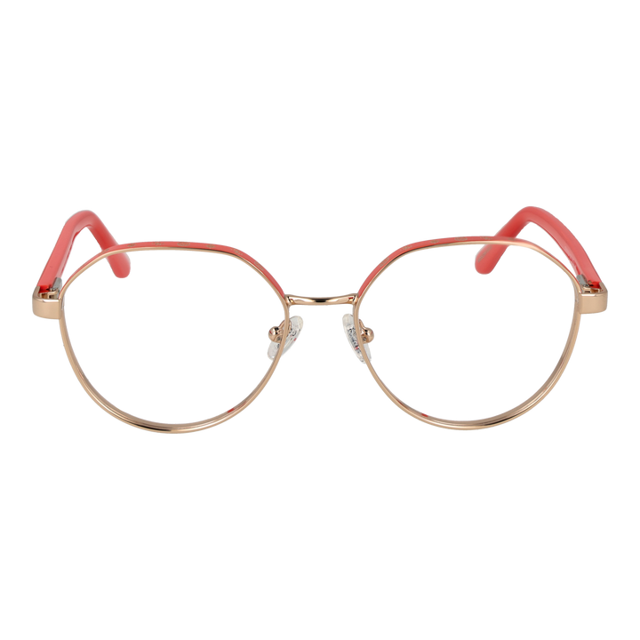 Gold metal round eyeglasses with red plastic temple tips, adjustable nose pads, modern slim frame for Women