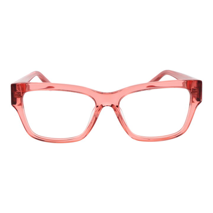 Transparent pink square eyeglasses in plastic with visible temple logo detail on a neutral background
