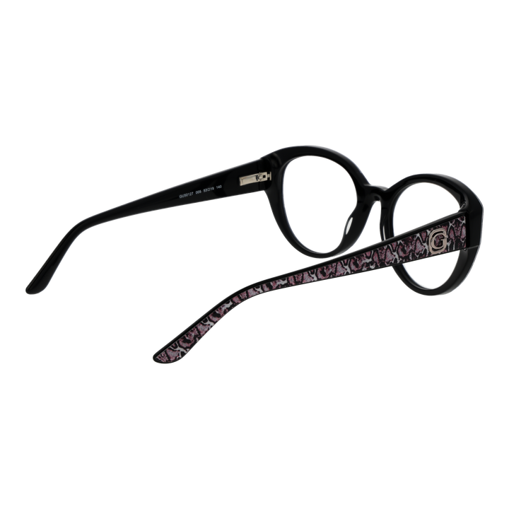 Black cat-eye eyeglasses with pink and white animal print and metallic temple logo for Women