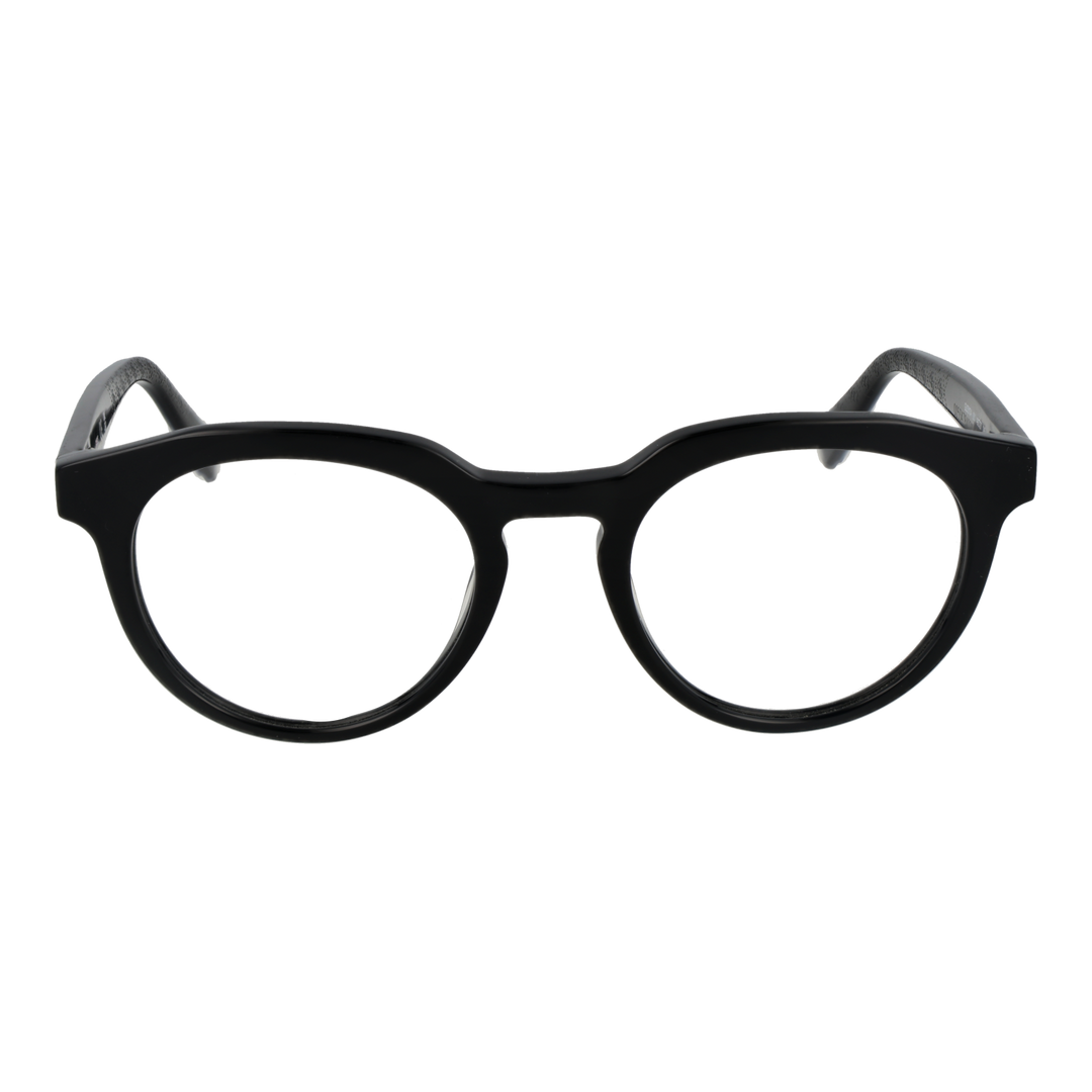 Unisex black plastic round eyeglasses, full-rim frame, temple tips, front view on white background.