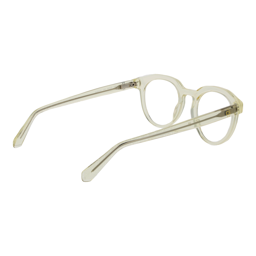 Unisex transparent yellow round eyeglasses in clear plastic frame showing round lenses and metal hinges on temples
