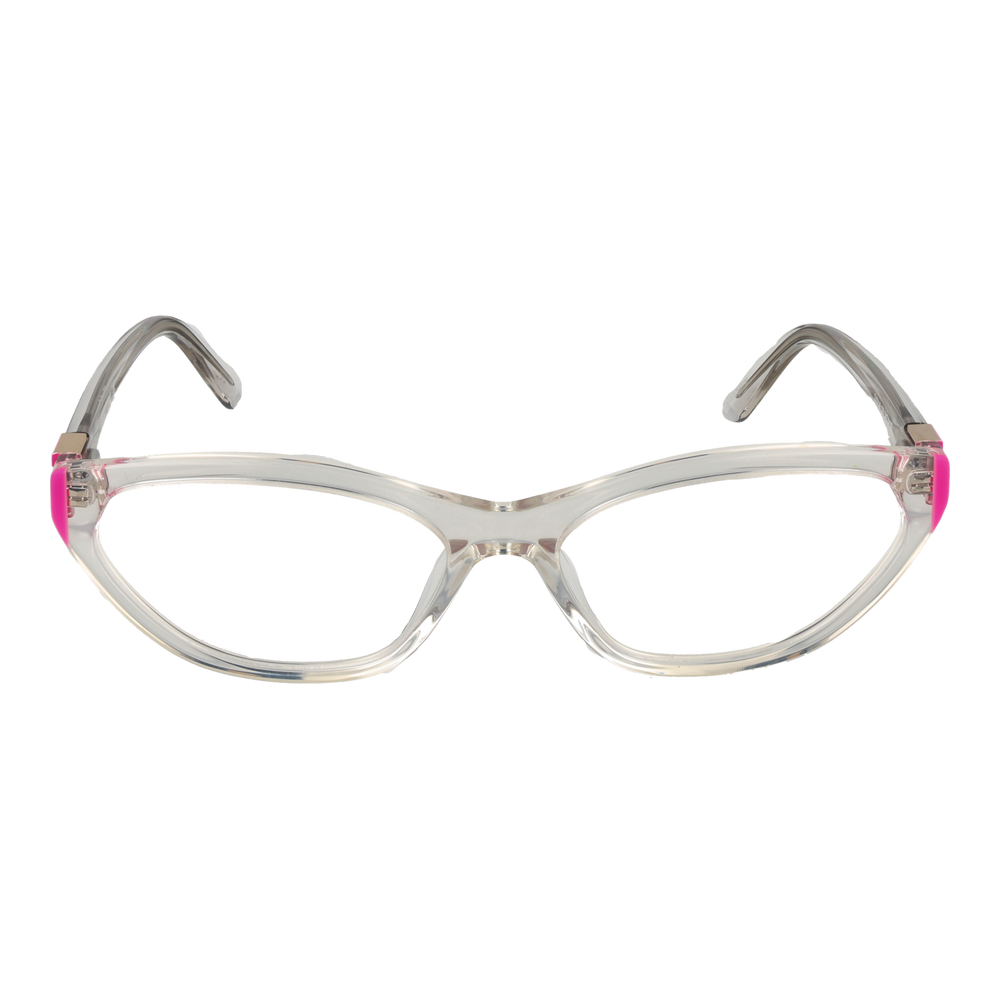 Clear plastic cat-eye eyeglasses with pink corner accents and pink 'G' logo on temples for Women