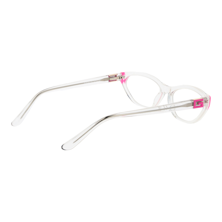 Clear plastic cat-eye eyeglasses with pink corner accents and pink &