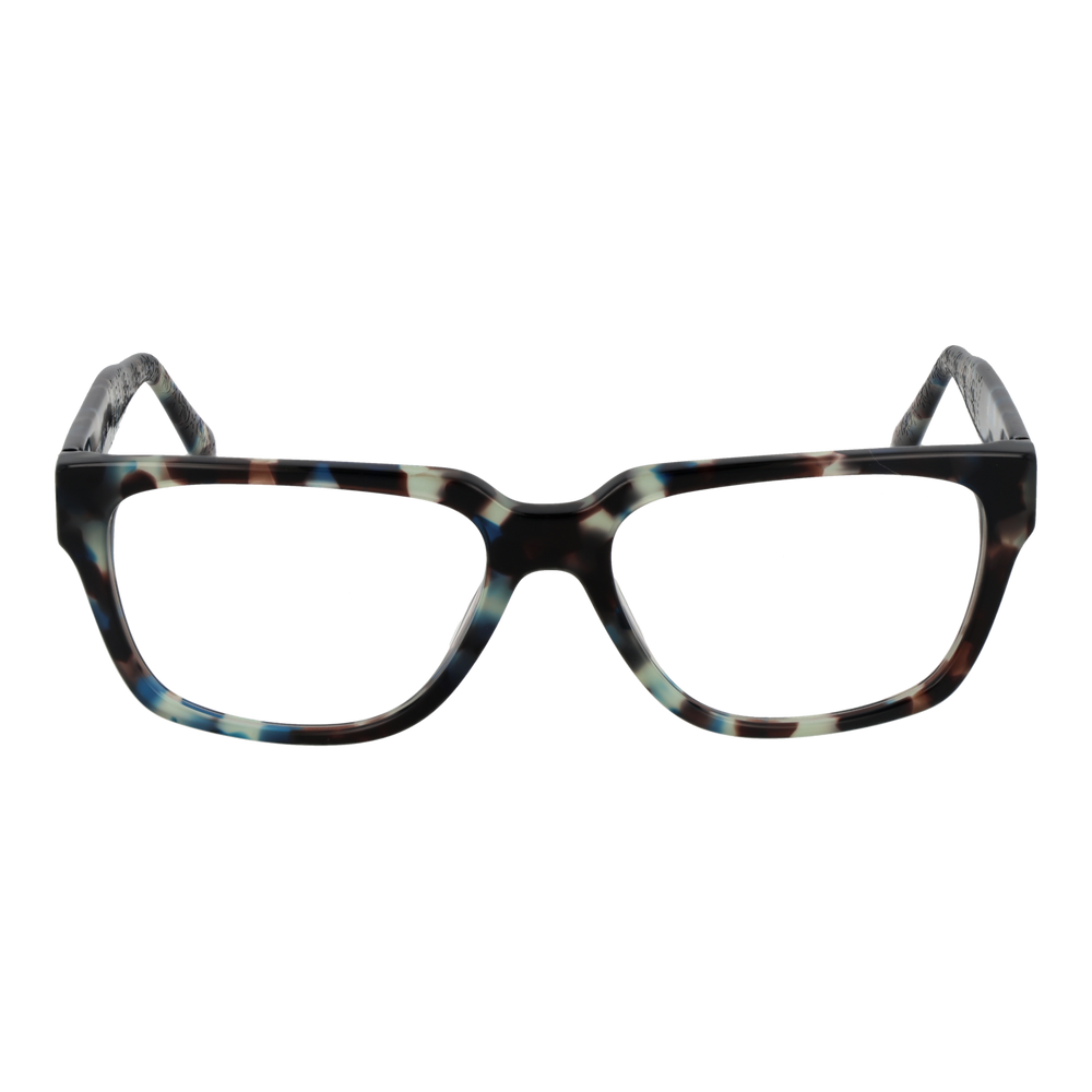 Unisex multicolor tortoiseshell rectangular eyeglasses in plastic frame, black brown blue white pattern