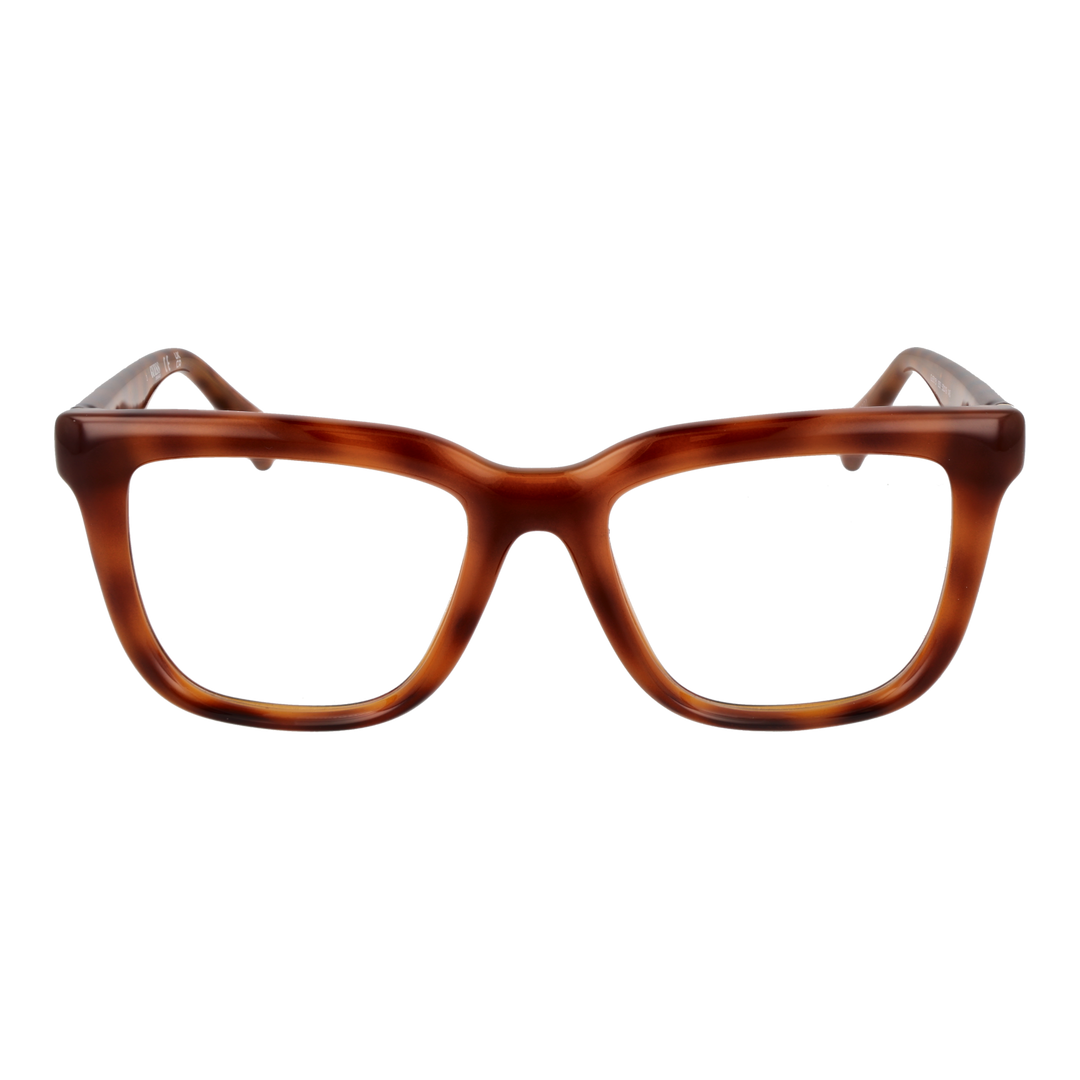 Brown tortoiseshell square eyeglasses with thick frame and patterned temples, front view on neutral background