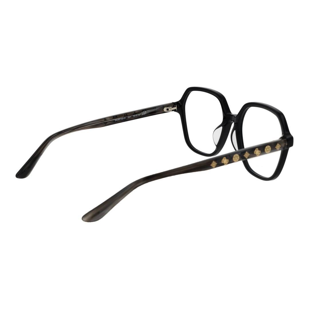Unisex black geometric plastic eyeglasses with gold symbols on temples, modern angular frame visible from front