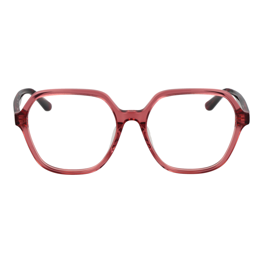 Transparent red geometric eyeglasses in plastic with decorative temple symbols on a neutral background
