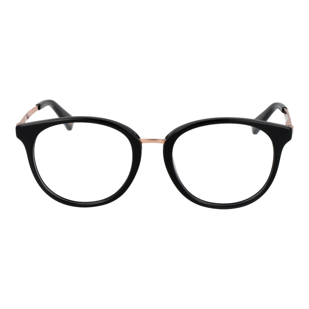 Unisex black and rose-gold round eyeglasses with thin metal temples and plastic temple tips on white background