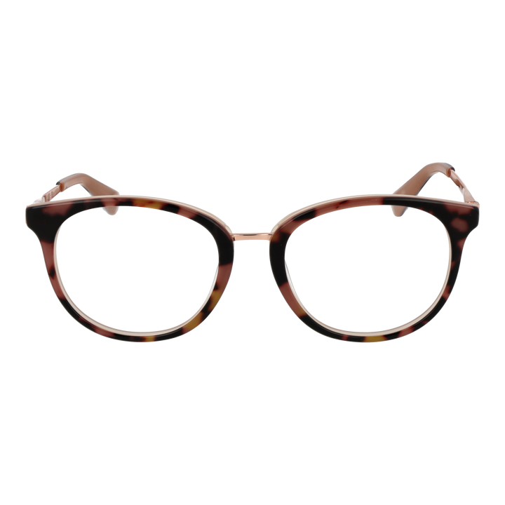 Tortoiseshell round eyeglasses with warm brown pattern and rose gold thin metal temples on white background