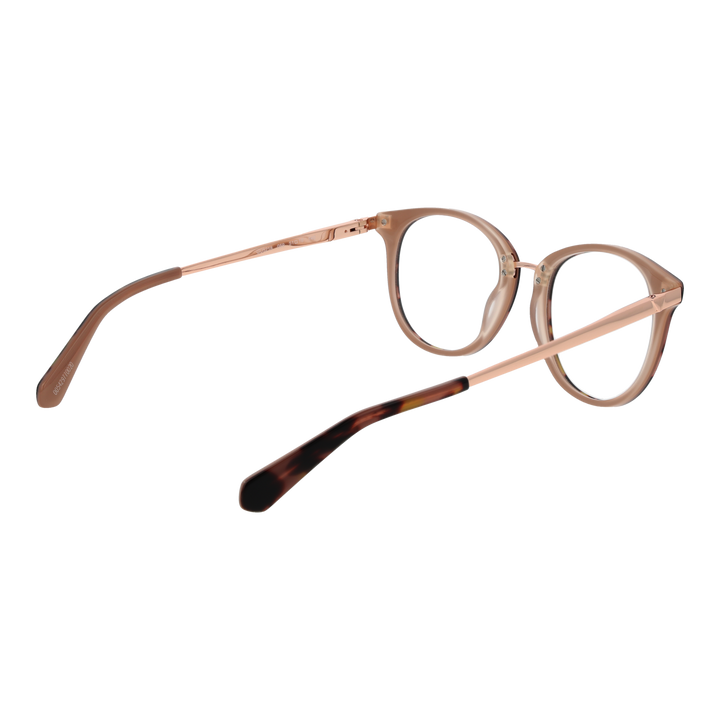 Tortoiseshell round eyeglasses with warm brown pattern and rose gold thin metal temples on white background