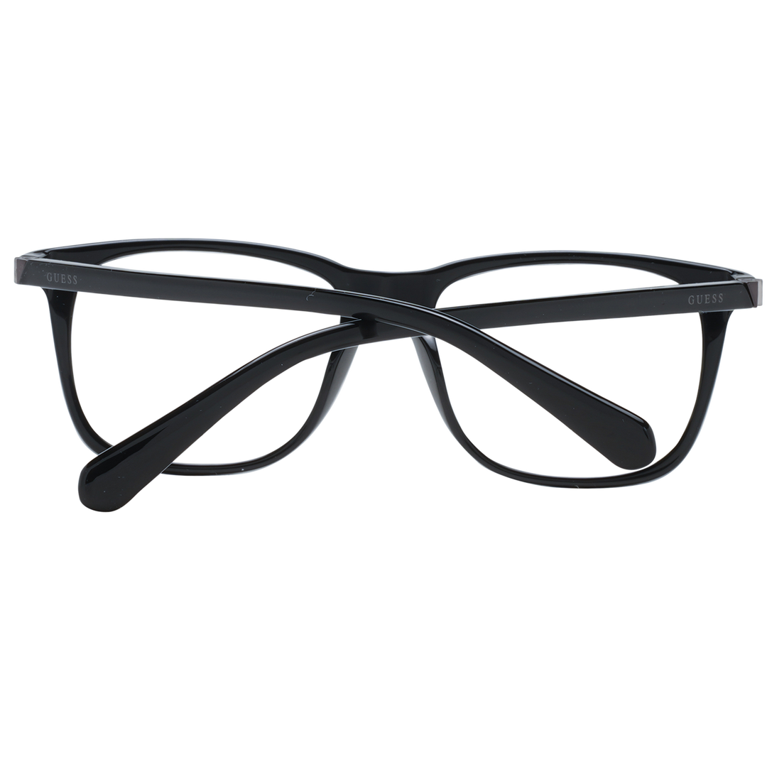 Black full-rim rectangular Unisex eyeglasses in plastic with logos on lens and temples on white background