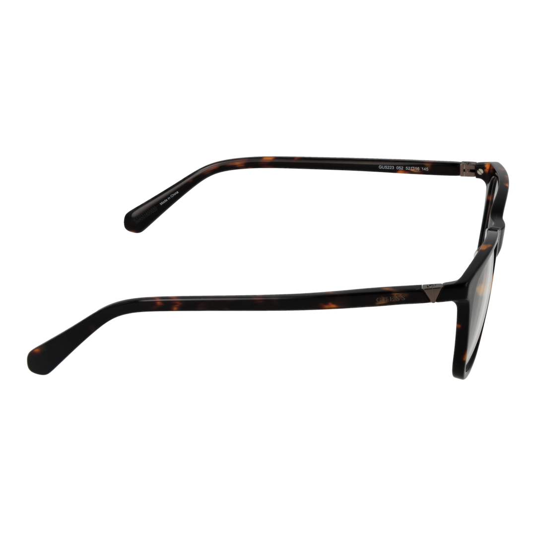 Unisex tortoise shell and black full-rim rectangular eyeglasses with metal hinge accents on neutral background