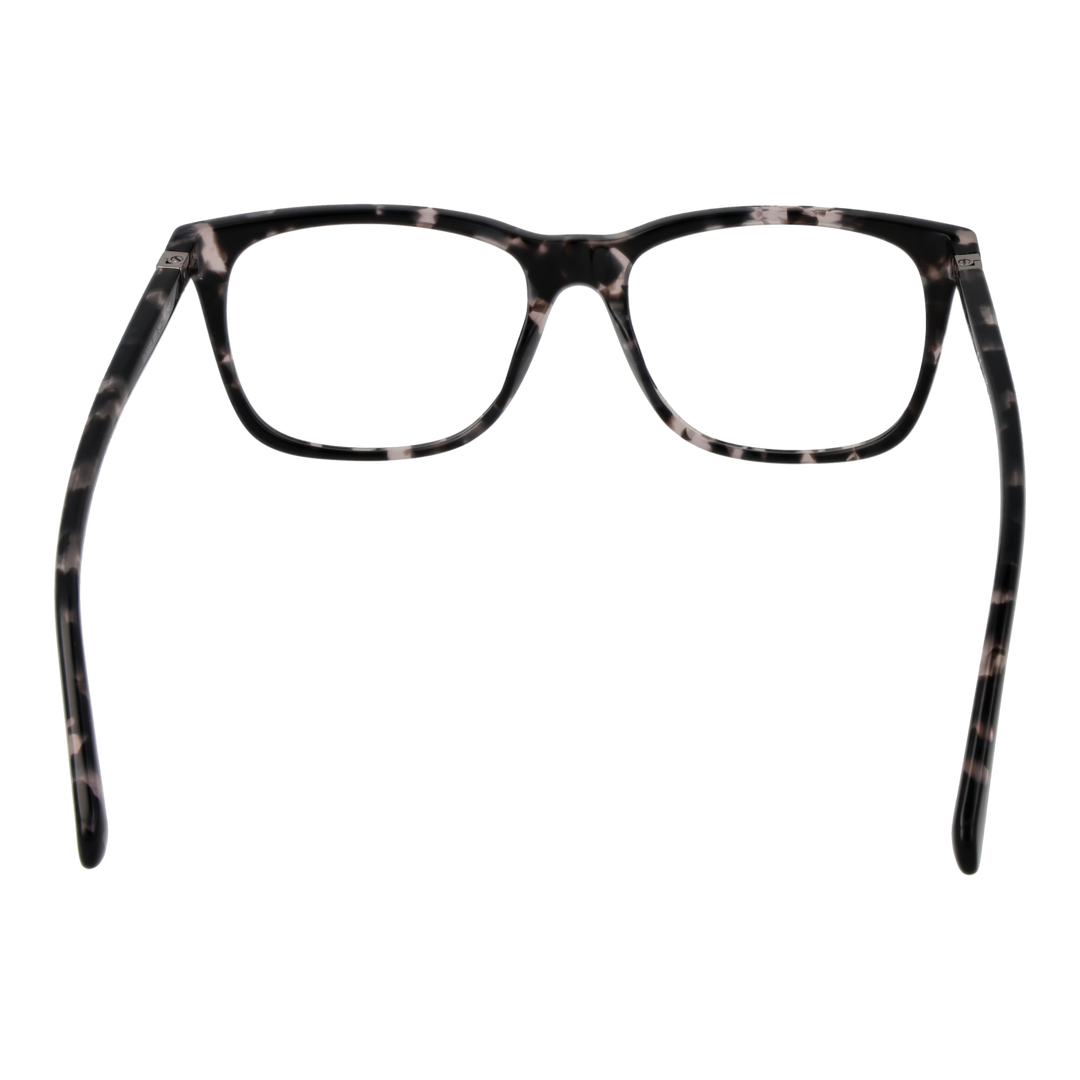 Black and white tortoiseshell full-rim rectangular eyeglasses with metal triangle temple detail, front three-quarter view