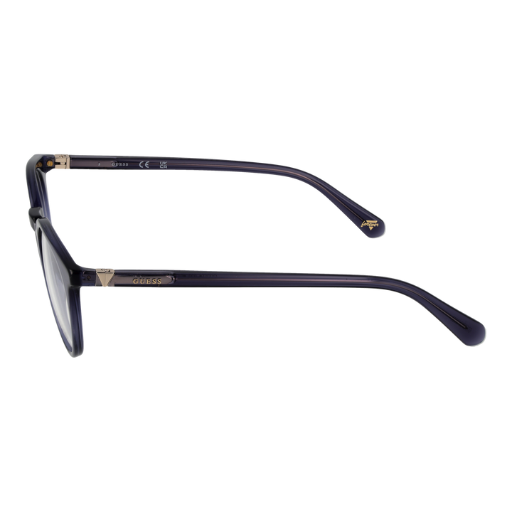 Transparent dark-blue round eyeglasses with metallic temple accents, plastic frame, modern Women’s optical style