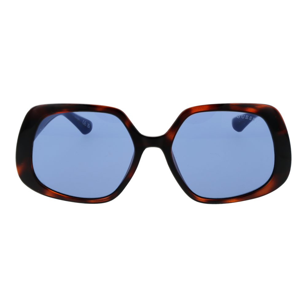 Tortoise shell oversized square sunglasses with blue-tinted lenses and logo temple detail on white background