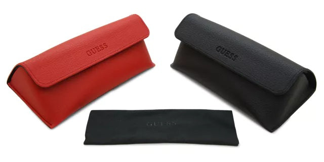 Translucent pink rectangular Guess sunglasses with decorative stones on corners and UV400 lenses on white background