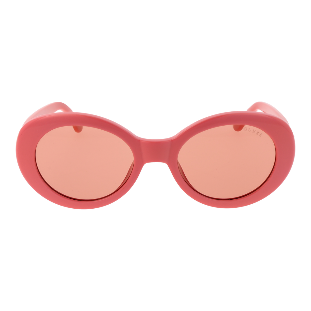 Pink retro oval sunglasses with decorative stones on temples and glossy plastic frame, angled view
