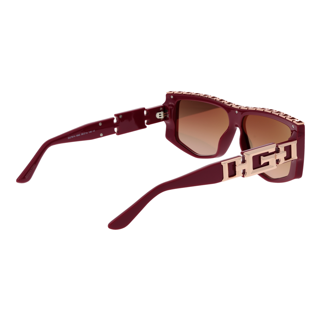 Burgundy rectangular sunglasses with gradient lenses and rose gold chain-like detail on temples