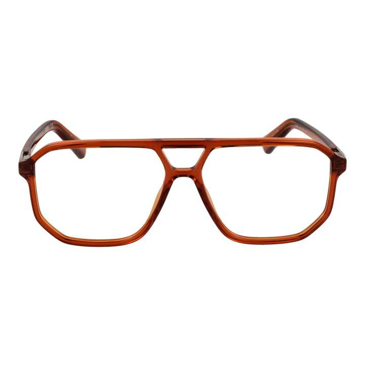 Unisex transparent brown full-rim eyeglasses with metallic temples and double bridge, retro-inspired design
