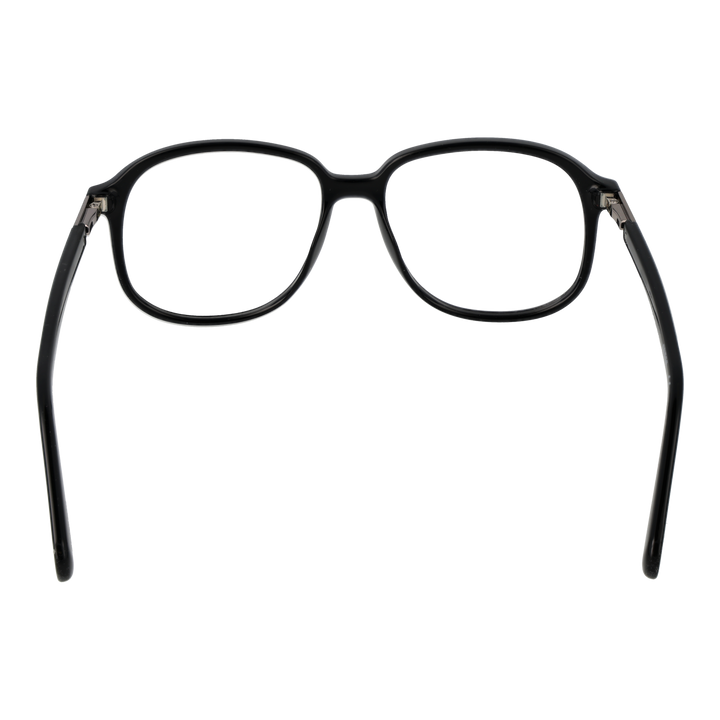 Black plastic rectangular eyeglasses with metallic hinge detail on temple, front view on white background