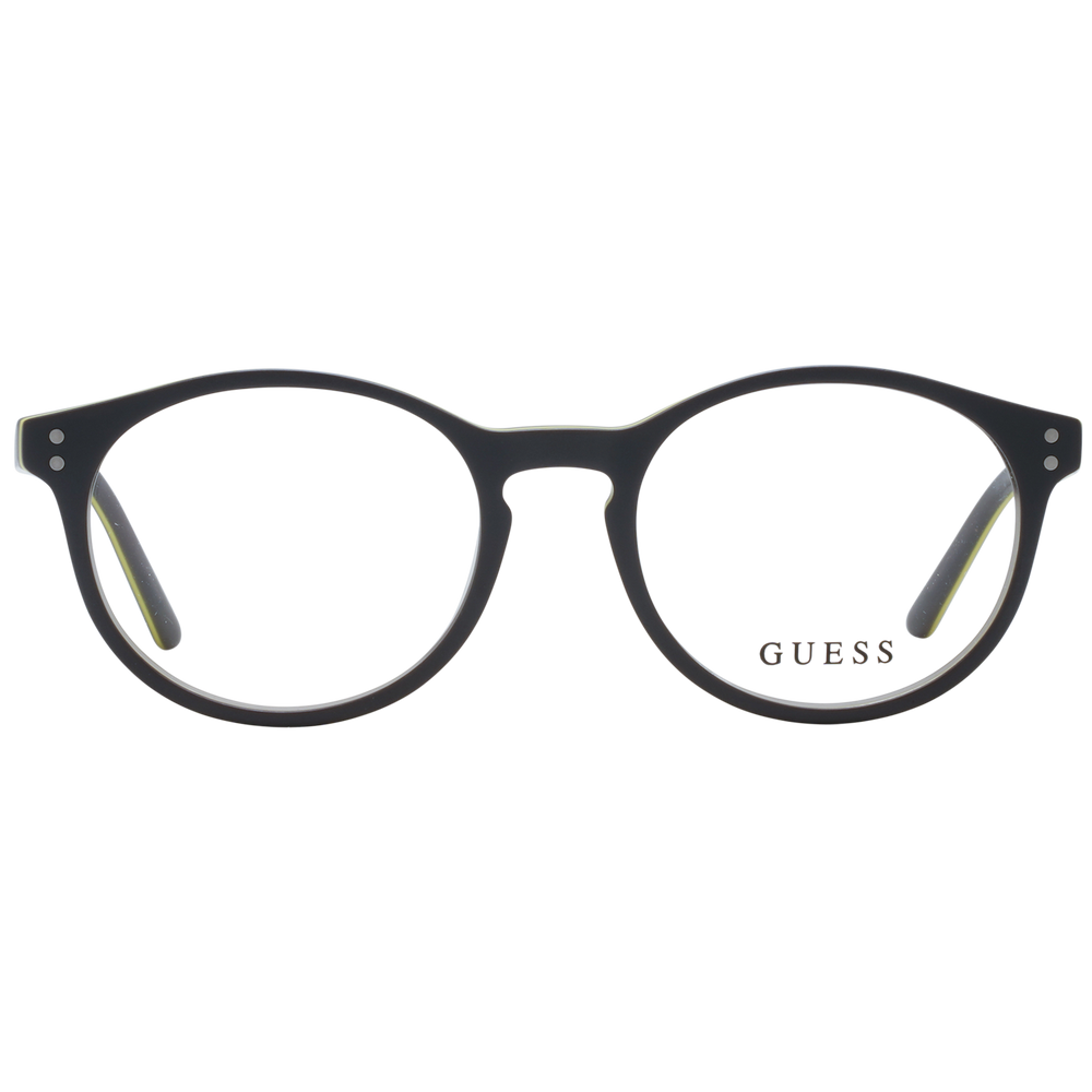 Unisex black round plastic eyeglasses with yellow accents and two silver rivets on each side of frame