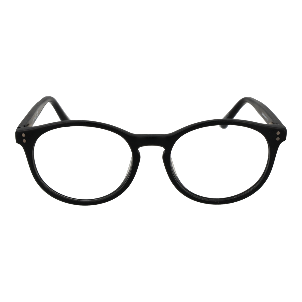 Unisex black plastic round eyeglasses with full rim and small metal dots at hinges on plain background