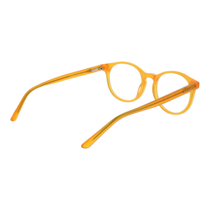 Transparent orange round plastic eyeglasses, two small metal rivets near each hinge, Unisex retro style