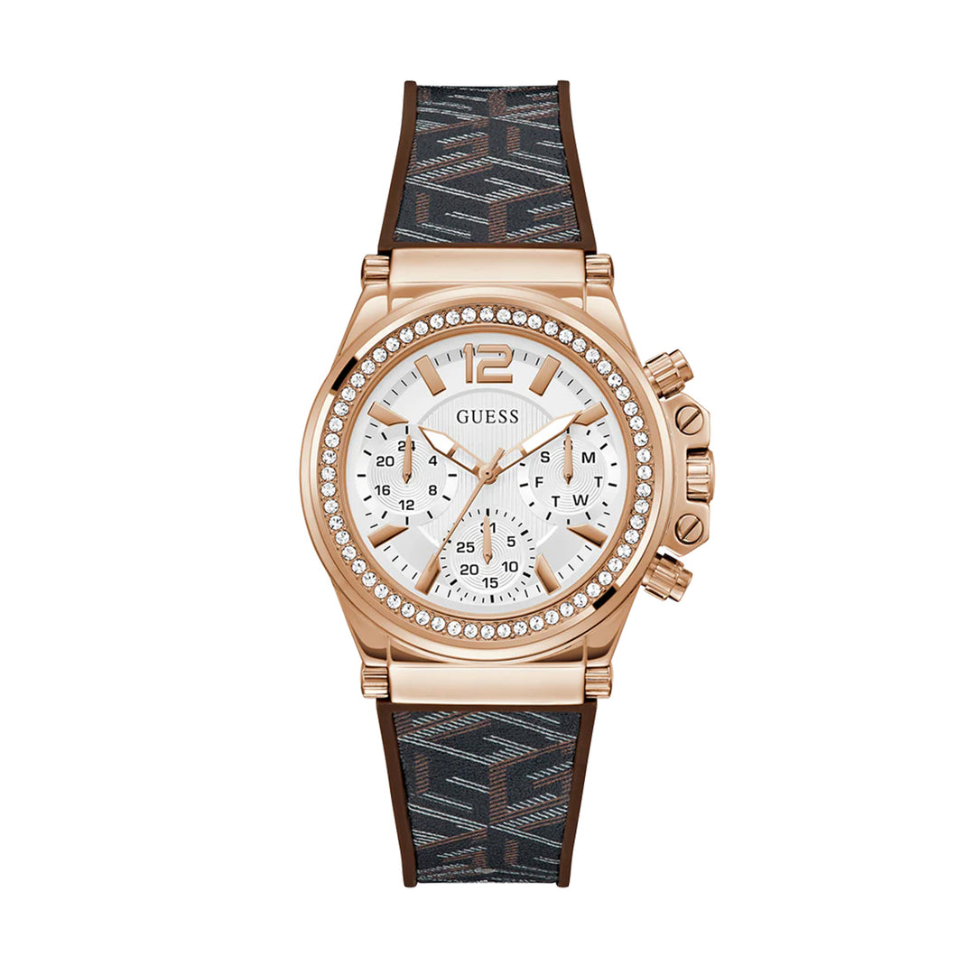 Rose Gold Elegance Chronograph with Patterned Fabric Strap