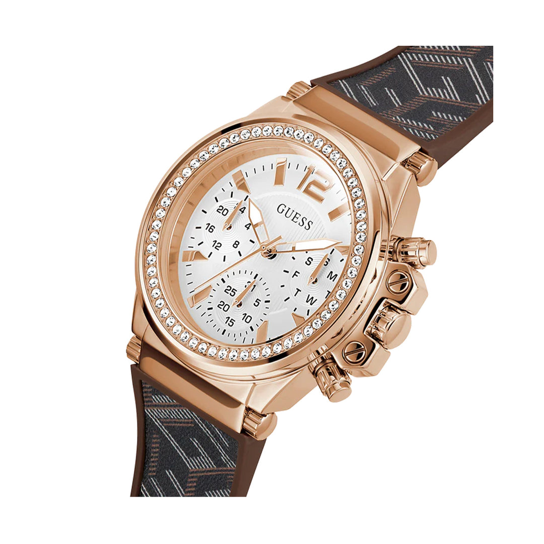 Rose Gold Elegance Chronograph with Patterned Fabric Strap