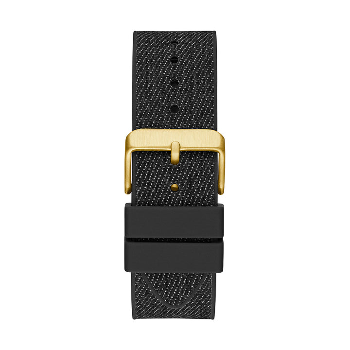 Gold and black chronograph watch with fabric-textured strap and three subdials, Unisex design