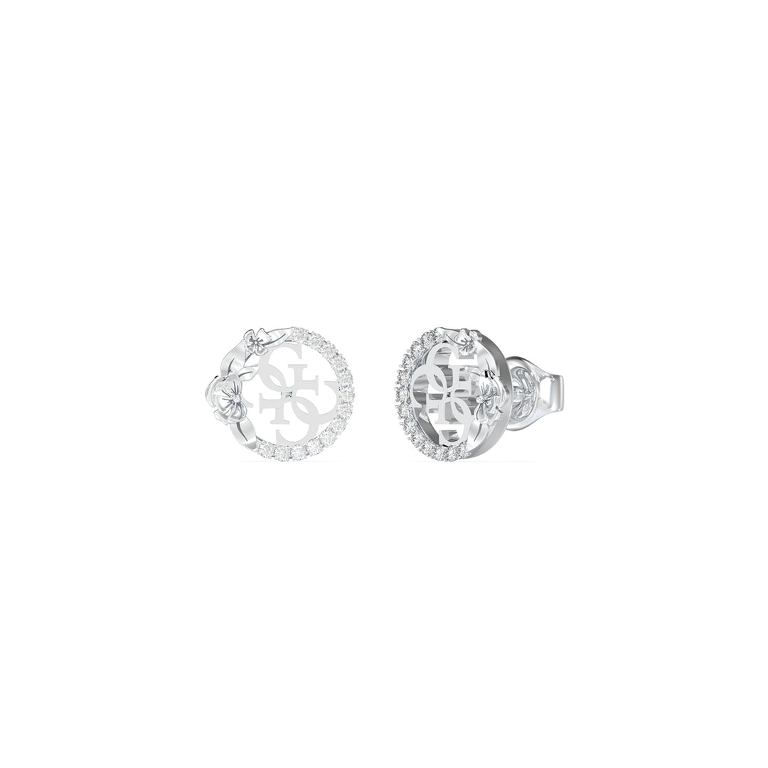 Silver circular hoop earrings with floral motif and small stones set around the edge, shown on white background