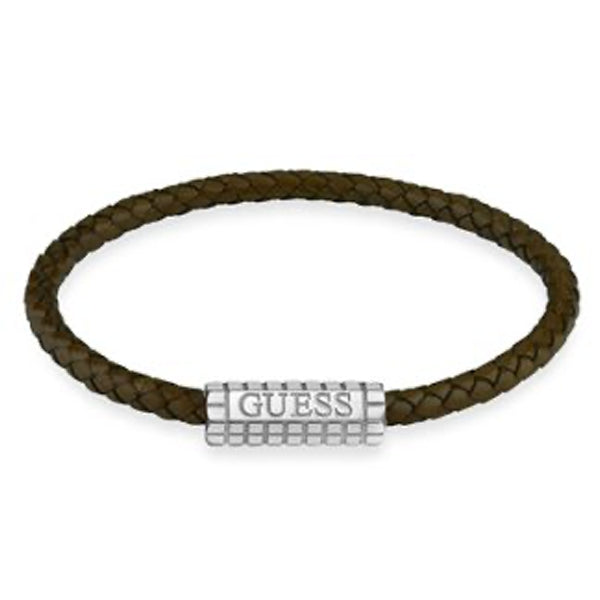 Braided brown leather bracelet with silver metal clasp on neutral background, casual men&