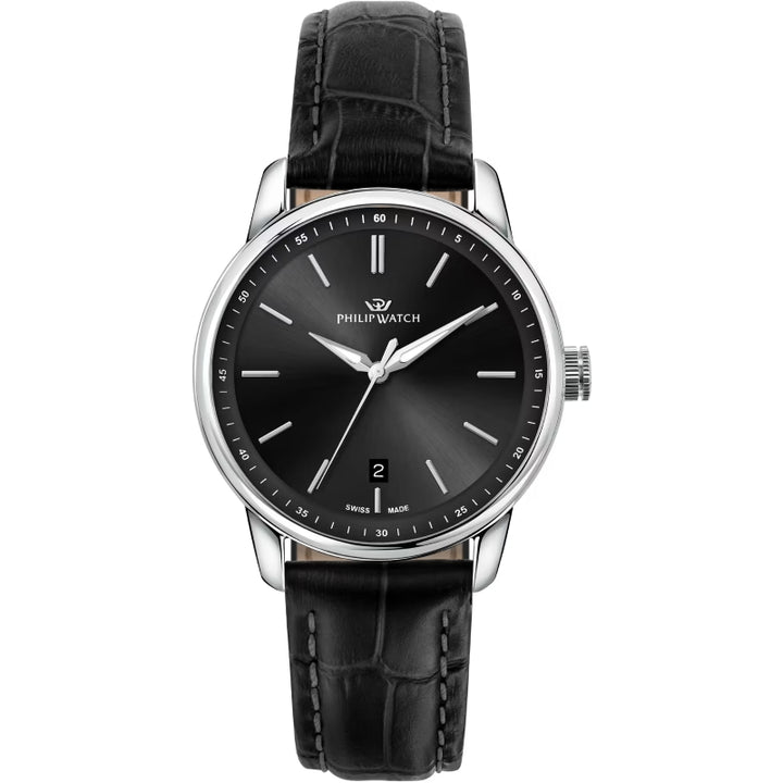 Philip Watch Swiss-Made Black Leather Timepiece