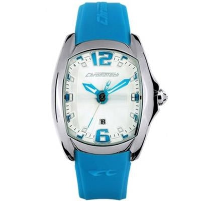 Silver stainless steel chronograph watch, white dial, blue rubber strap and blue accents, date display