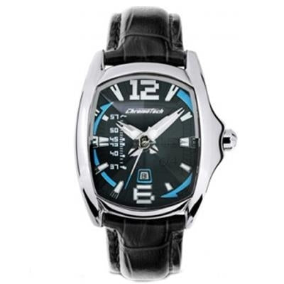 Silver polished steel watch with black leather strap, black and blue dial, large numerals and date