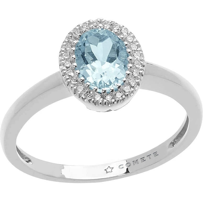 Silver ring with oval light-blue gemstone, halo of round white stones, thin polished band, engraved interior