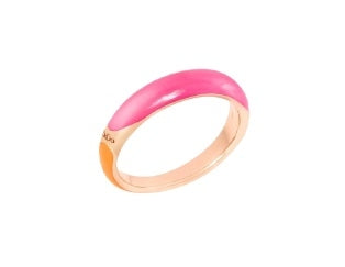 Gold band ring with pink and orange enamel panels, modern stacking-ready design for Women