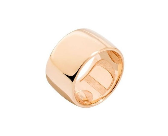 Wide polished rose-gold gold band ring on neutral background, solid wide-profile visible