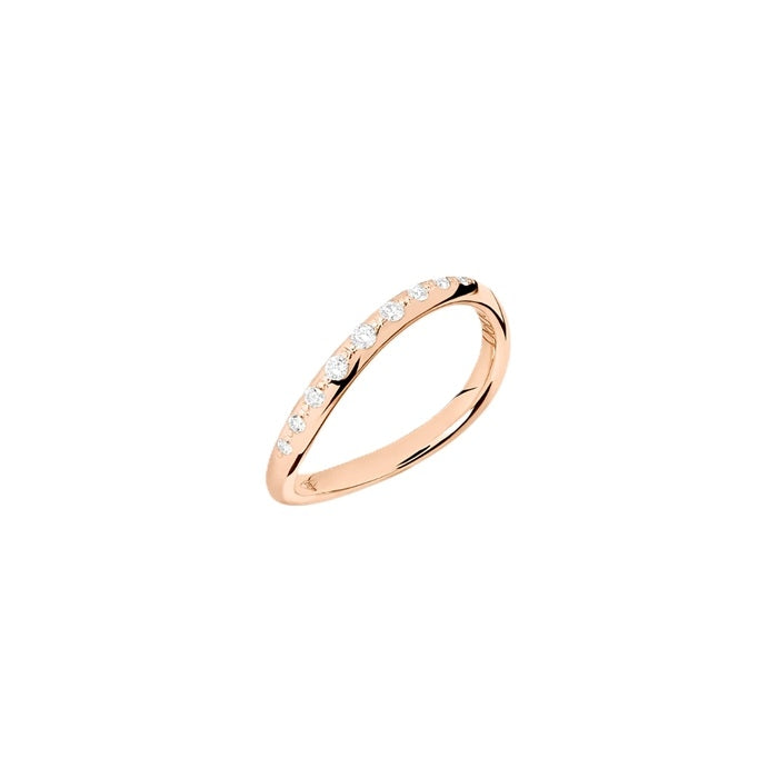 Rose gold diamond ring on neutral background, close-up showing embedded diamonds and polished finish