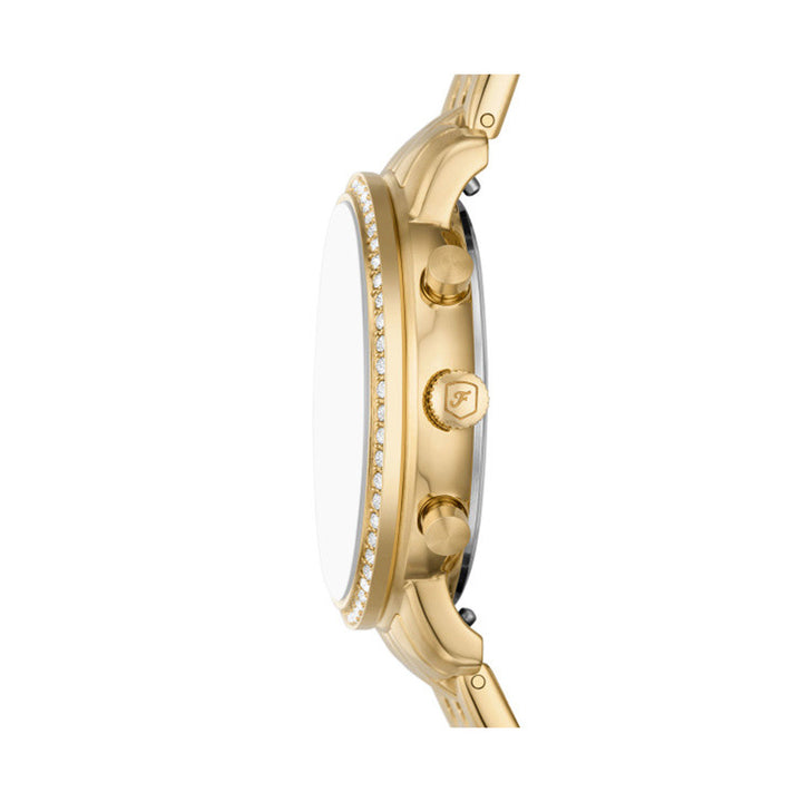 Gold-tone chronograph wristwatch with mother-of-pearl dial and crystal-studded bezel on bracelet