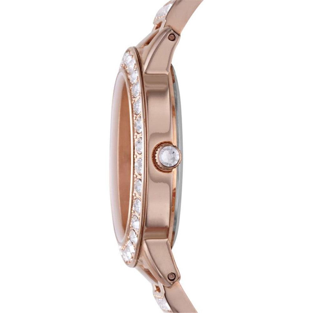 Rose gold wristwatch on bracelet strap with crystal-embellished bezel and mineral dial