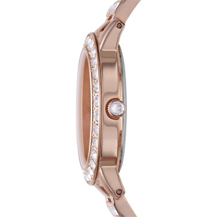 Rose gold wristwatch on bracelet strap with crystal-embellished bezel and mineral dial