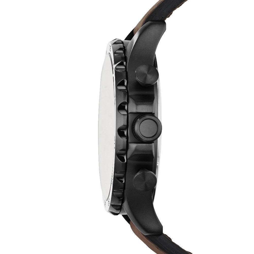 Chronograph watch on brown leather strap; black dial, beige accents, stainless steel case, date display
