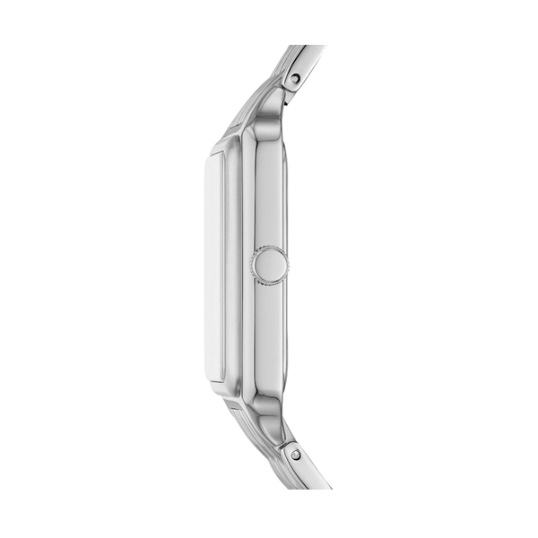 Silver rectangular Fossil watch with mother-of-pearl dial and crystal accents on stainless steel bracelet
